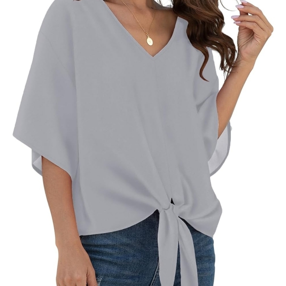 V-Neck Tie-Front Women's Blouse in Light Gray